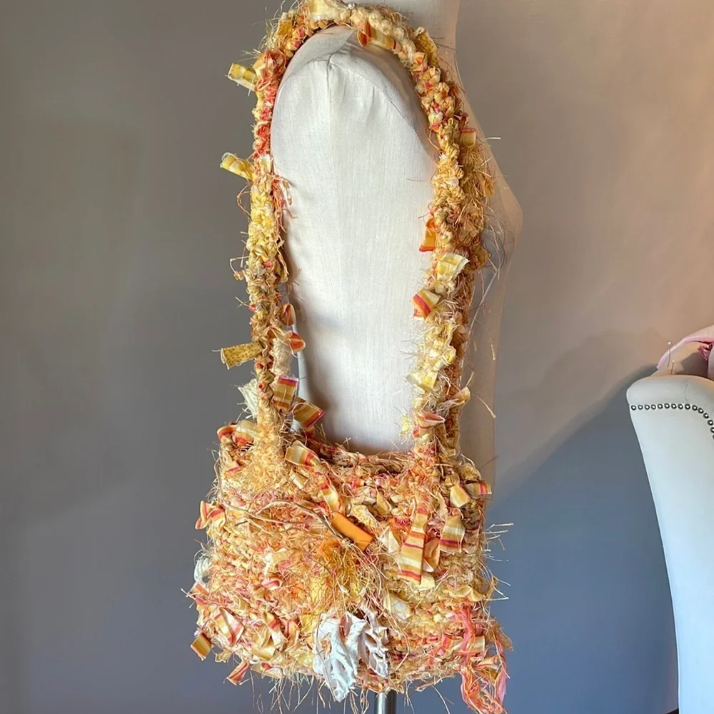 UNIQUE HANDMADE boho chunky Rag Knitted yellow shoulder bag genuine shells